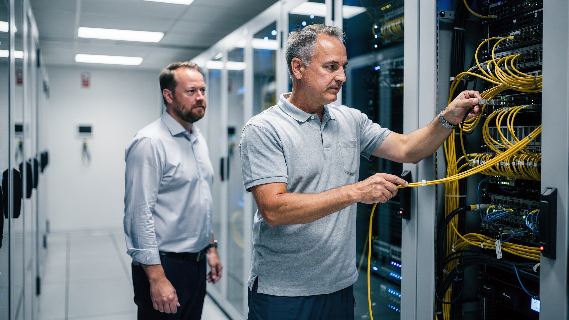 Zwei IT-Techniker arbeiten an der Verkabelung im hellen Rechenzentrum